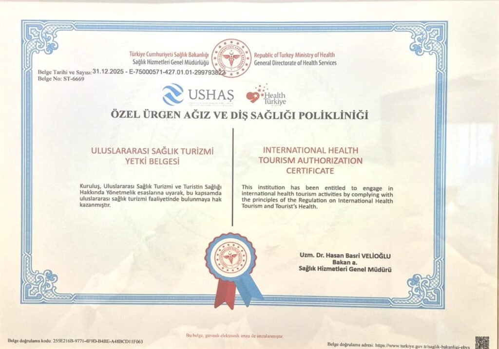 Özel Ürgen Ağız ve Diş Sağlığı Polikliniği Uluslararası Sağlık Turizmi Yetki Belgesi